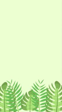 Alt tarafında tropik orman yaprakları, canavar yaprakları ve egzotik palmiye yaprakları olan dikey arka plan animasyonu. Mesaj için yer. Düz dizayn tarzında döngü animasyonu