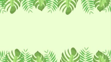 Üst ve alt taraflarda tropikal yağmur ormanı yaprakları, canavar yaprakları ve palmiye yapraklarının arka plan animasyonu. Mesaj için yer. Düz dizayn tarzında döngü animasyonu