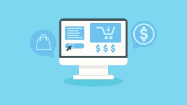 Ekranı alışveriş sitesi manzaralı izle, çok para kazan ve iş yap. Düz tasarım tarzında vektör illüstrasyonu