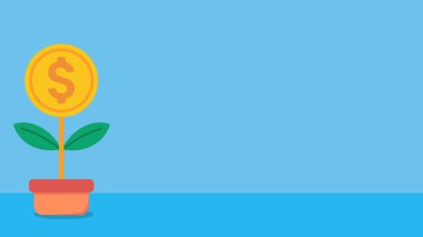 Mavi düz dizayn arka planı ve para sikkesi ağacı. Düz tasarım tarzında vektör illüstrasyonları