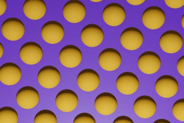 İzole edilmiş mor arkaplan 3D oluşturma arkaplanındaki sarı 3d render desen toplarının üst görünümü