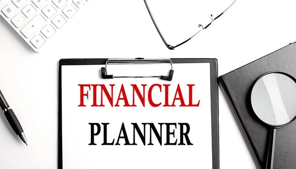 Finanční Planner Text Bílém Papíru Nápis Zápisníku — Stock fotografie