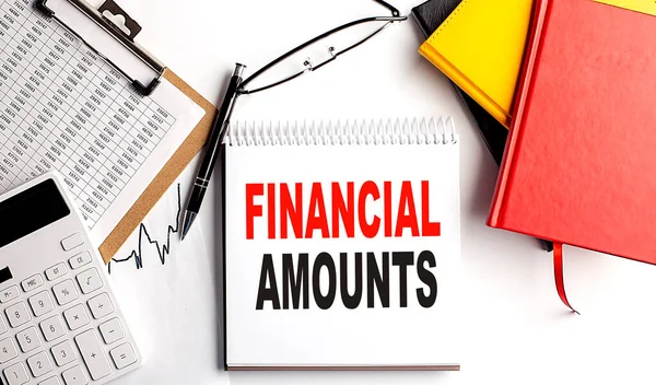 Financiële Amounten Tekst Een Notebook Met Klembord Rekenmachine Witte Achtergrond — Stockfoto