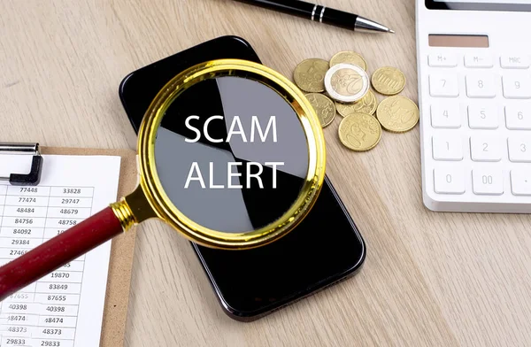 Scam Alert Text Magnifier Smartphone Calculator Coins Business Concept — Stock Photo, Image