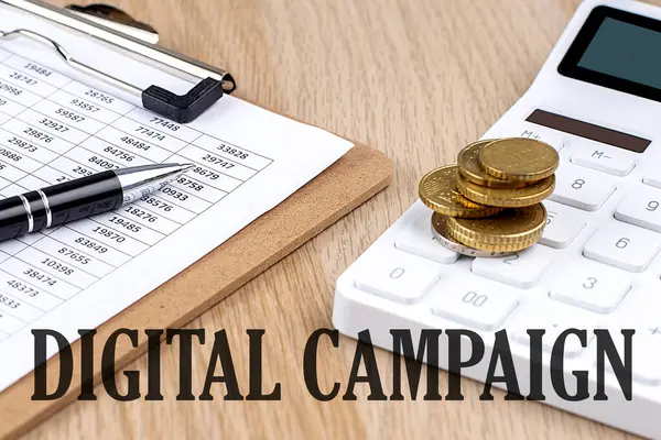 Digital Campaign Κείμενο Γράφημα Και Αριθμομηχανή Και Κέρματα Επιχείρηση — Φωτογραφία Αρχείου