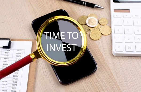 Time Invest Text Magnifier Smartphone Calculator Coins — Stock Photo, Image