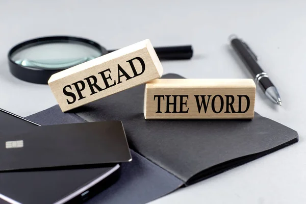 Spread Word Text Wooden Block Black Notebook Business Concept — Fotografia de Stock