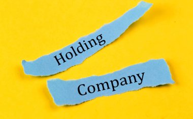 HOLDING COMPANY text on blue pieces of paper on yellow background, business concept