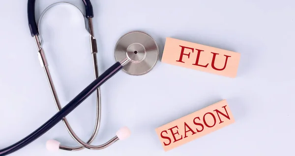 青い背景には Flu Seasonという言葉が付いた聴診器と木製のブロック — ストック写真