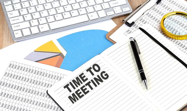 Time Meeting Text Notebook Chart Keyboard — Stock Photo, Image
