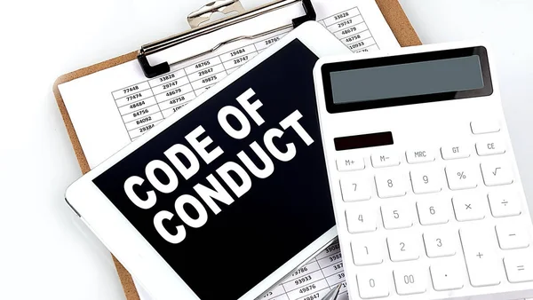 Código Conduta Texto Comprimido Com Gráfico Calculadora Caneta — Fotografia de Stock