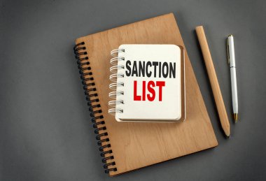 Gri arkaplanda kalem ve kalemle bir dizüstü bilgisayarda SANCTIONS Liste metni