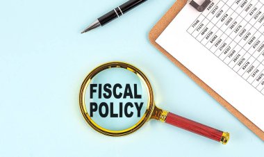 Mavi arkaplanda pano bulunan bir büyüteç üzerindeki FISCAL POLICY metni