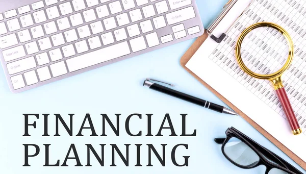 Financial Planning Text Blue Background Keyboard Clipboard Business Concept — Stock Photo, Image