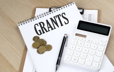 Grafik, hesap makinesi ve bozuk para içeren GRANTS metni, iş