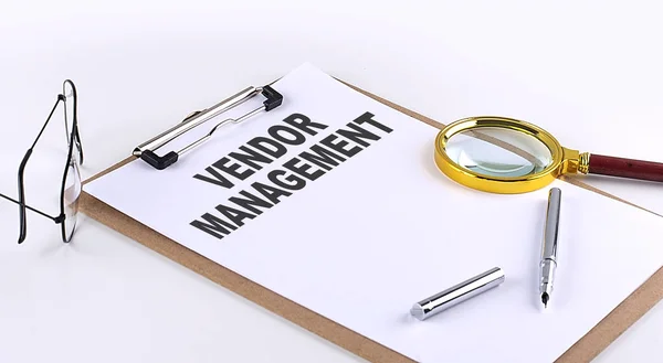 Vendor Management Text Clipboard White Background Business Concept — Stock Photo, Image