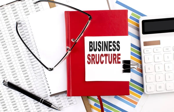 Business Structure Text Notebook Chart Calculator Pen — Stock Photo, Image