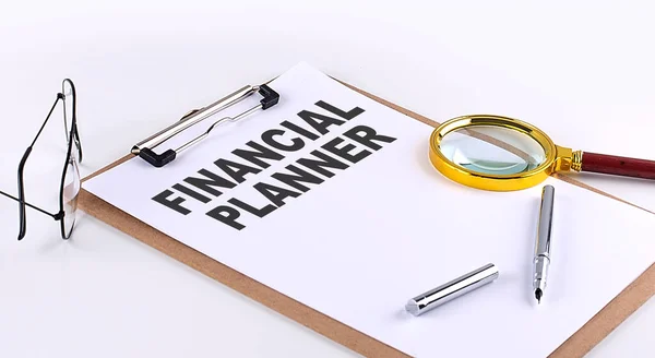 Planner Finansowy Tekst Tablicy Białym Tle Koncepcja Biznesowa — Zdjęcie stockowe