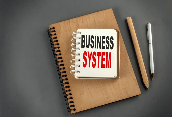 灰色の背景にペンと鉛筆でノートブック上のビジネスシステムテキスト — ストック写真