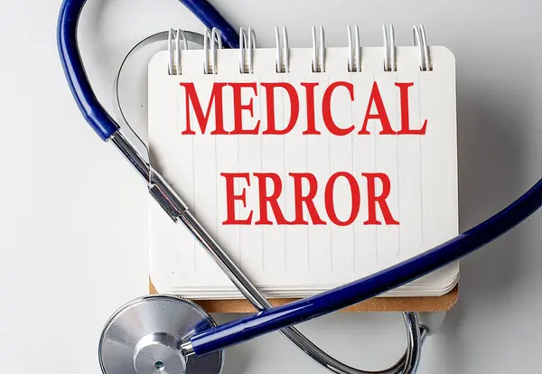 MEDICAL ERROR word on a notebook with medical equipment on background