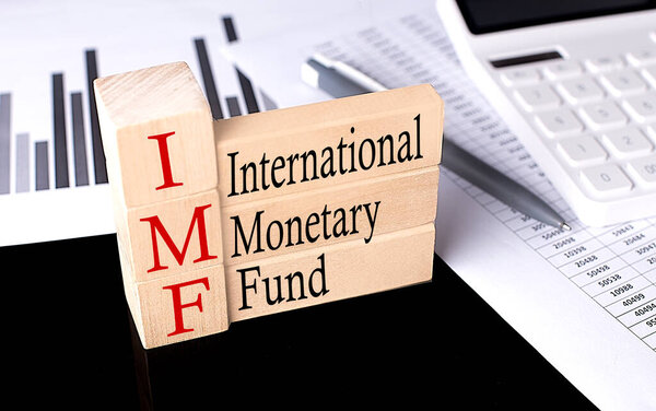 Word IMF made with wood building blocks, business
