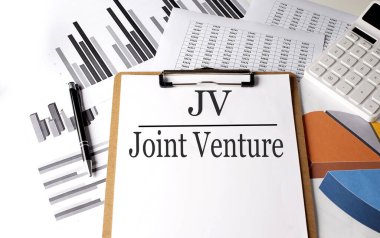 Grafik arka planında JV Joint Venture olan kağıt, iş konsepti