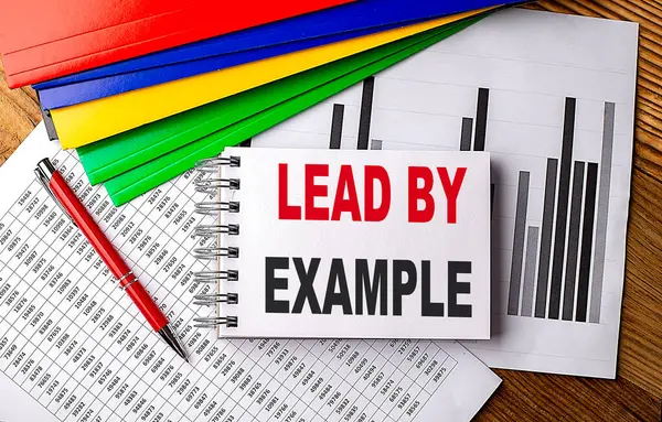 Lead Example Text Notebook Pen Folder Chart Background — Stock Photo, Image