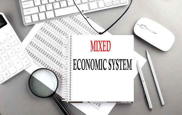 MIXED ECONOMIC SYSTEM text on a notebook with clipboard and calculator on a chart background