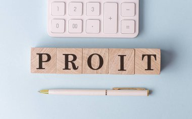 Kalem ve hesap makineli ahşap küplerde PROFIT, finansal konsept