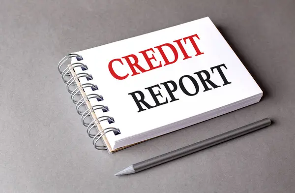 CREDIT REPORT word on a notebook on grey background