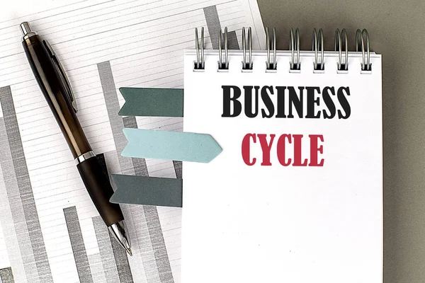 BUSINESS CYCLE text on notebook with pen, calculator and chart on grey background