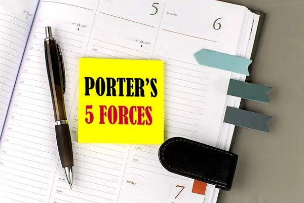 Porter Forces Palabra Amarillo Pegajoso Con Herramientas Oficina Planificador Diario Fotos de stock