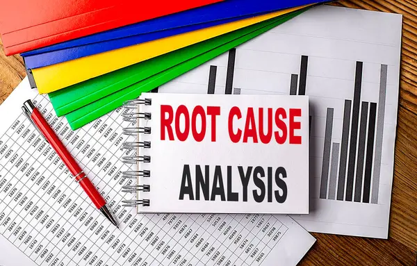 ROOT CAUSE ANALYSIS text on notebook with pen, folder on a chart background