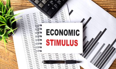 ECONOMIC STIMULUS hesap makinesi ve kalem ile çizelge üzerinde bir defter üzerinde metin . 