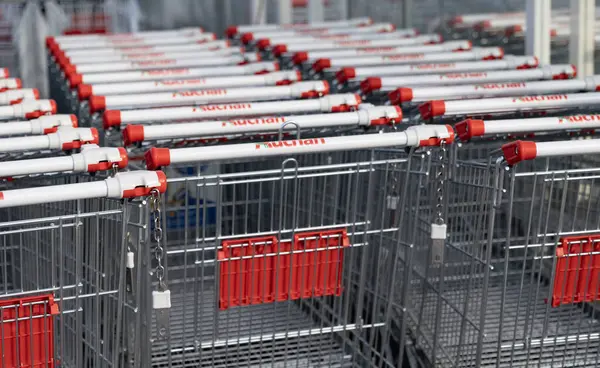 Bialystok, Poland- 27 Mayıs 2025: Metal alışveriş arabalarının yakın çekimleri ve Auchan markalarının dışarıda düzgün bir şekilde sıralanması. 