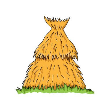 Yeşil çimlerin üzerine yerleştirilmiş, üst üste bağlanmış bir çizgi film samanının yüksek kalite vektör çizimi. Parlak altın tonlar ve temiz siyah ana hatlar onu çiftlik temalı projeler, tarımsal markalaşma veya kırsal tasarımlar için mükemmel hale getiriyor. İllüstrasyon isol.