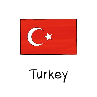 Beyaz arka planda ana hatları ve imzası olan Türkiye bayrağı. Robot resim şeklinde elle çizilmiş vektör çizimi. İzole resim, posterler, web tasarımı, eğitim, bilgi grafikleri, baskılar ve sunumlar için mükemmel.