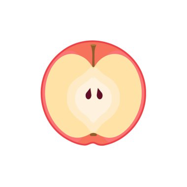 Tohumlu kırmızı elma diliminin düz çizimi. Gıda etiketleri, ambalajlar, çocuk kitapları sağlıklı beslenme posterleri, menü tasarımı ve organik ürün markalaşması için mükemmel..