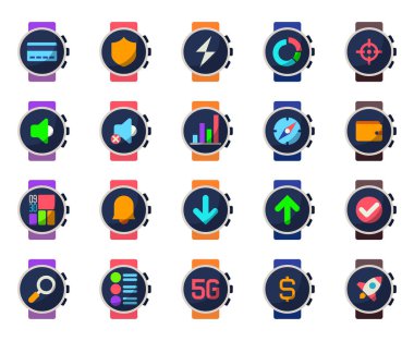 Dijital akıllı saat teknolojisi için düz simgeler.