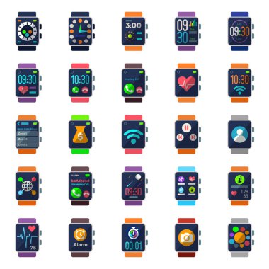 Dijital akıllı saat teknolojisi için düz simgeler.