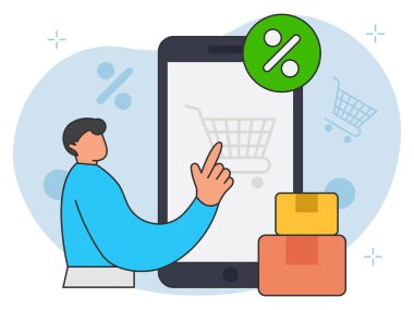 İnternetten alışveriş illüstrasyonu yapan adam