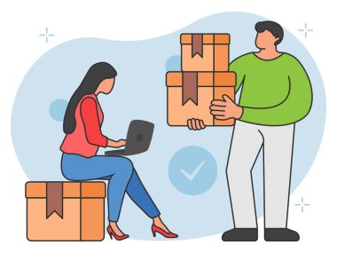 Dağıtım siparişi illüstrasyonunu kontrol ederken dizüstü bilgisayarda çalışan kız