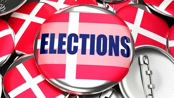 デンマークと選挙 デンマークの国旗と単語の選挙のピンバックボタンの数十 この国での今後の選挙を象徴する3Dレンダリング — ストック写真