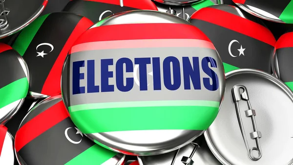 Libya Elections Dozens Pinback Buttons Flag Libya Word Elections Render — Stock Photo, Image