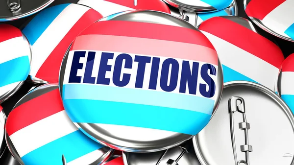 ルクセンブルクと選挙 ルクセンブルクの旗と単語の選挙とピンバックボタンの数十 この国での今後の選挙を象徴する3Dレンダリング — ストック写真