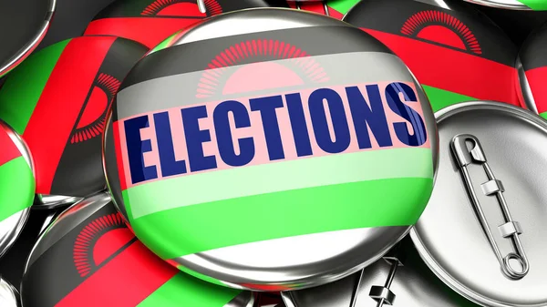 マラウィと選挙 マラウイの国旗と単語の選挙のピンバックボタンの数十 この国での今後の選挙を象徴する3Dレンダリング — ストック写真
