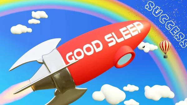 Good Sleep Lead Achieving Success Business Life Cartoon Rocket Labeled — Stock Photo, Image