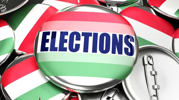 ハンガリーと選挙 ハンガリーの国旗と単語の選挙のピンバックボタンの数十 この国での今後の選挙を象徴する3Dレンダリング — ストック写真