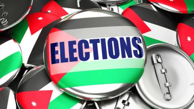 Jordan ve Seçimler. Bir düzine Jordan bayrağı ve bir kelime seçimiyle birlikte. Bu ülkede yaklaşan seçimleri sembolize eden 3d.