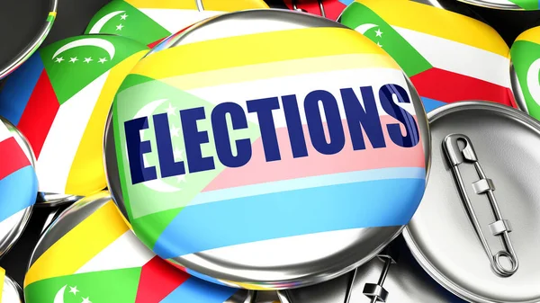 コモロと選挙 コモロの旗と単語の選挙とピンバックボタンの数十 この国での今後の選挙を象徴する3Dレンダリング — ストック写真